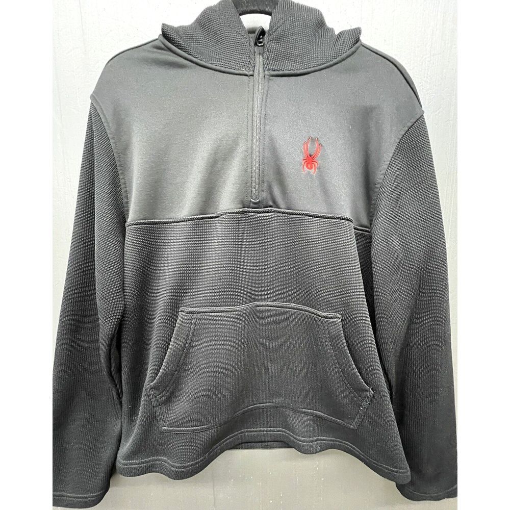 Spyder Pullover Men M Black Half Zip Hoodie Fleece Lined Front Pocket Sweatshirt